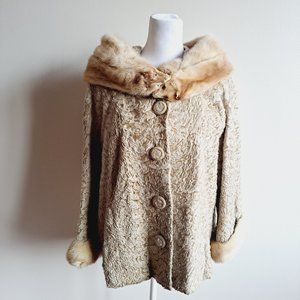 Fur Label Authority Vintage Beige Women's Lamb Coat with Mink Collar Medium